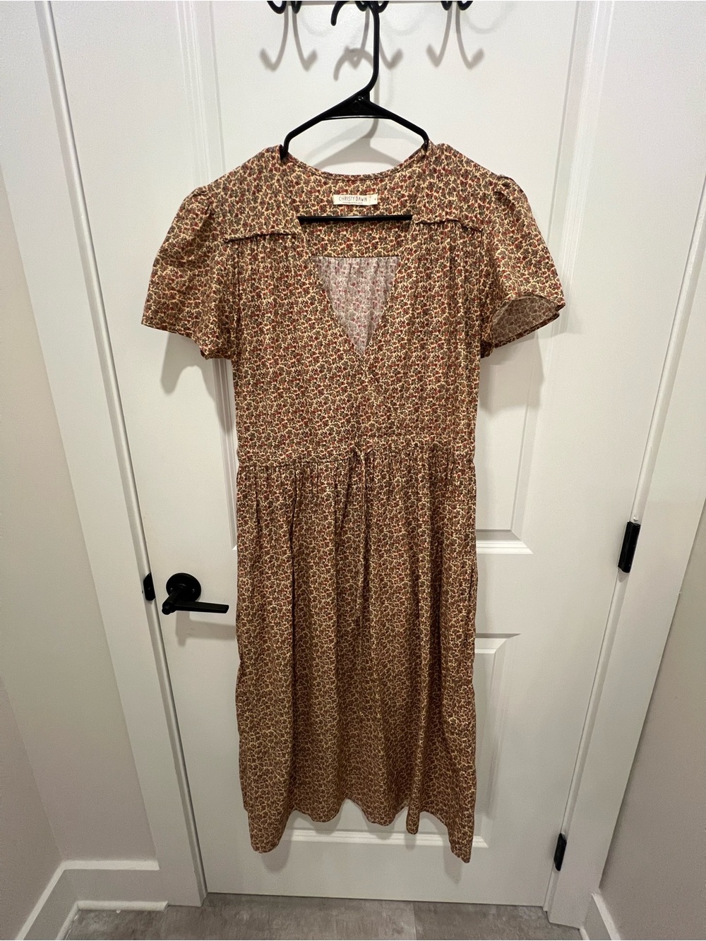 Christy Dawn Brown Floral Midi Dress with V-Neck and Short Sleeves